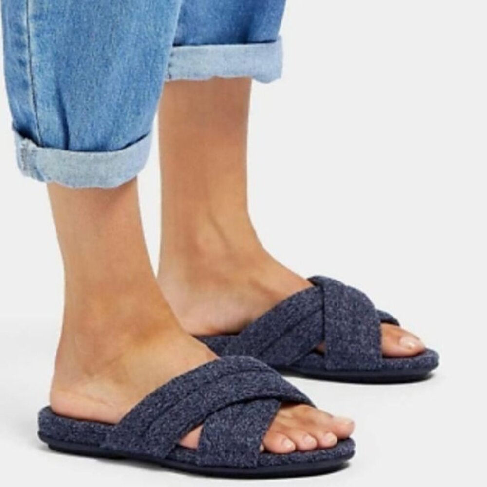 NEW Fitflop Gracie E01 Merino Wool‎ Cross Slides Midnight Navy, Size 5